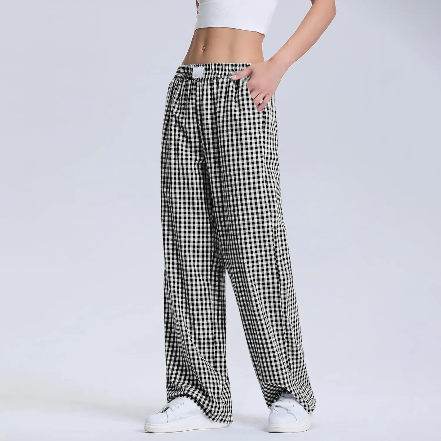Women's Striped Gingham Boxer Pant Wide Leg Elastic Waist Pajama Lounge Pj Plaid TrousersY2K Beach Bottoms with Pocket