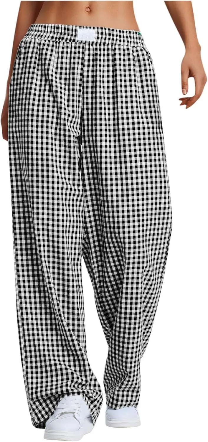 Women's Striped Gingham Boxer Pant Wide Leg Elastic Waist Pajama Lounge Pj Plaid TrousersY2K Beach Bottoms with Pocket