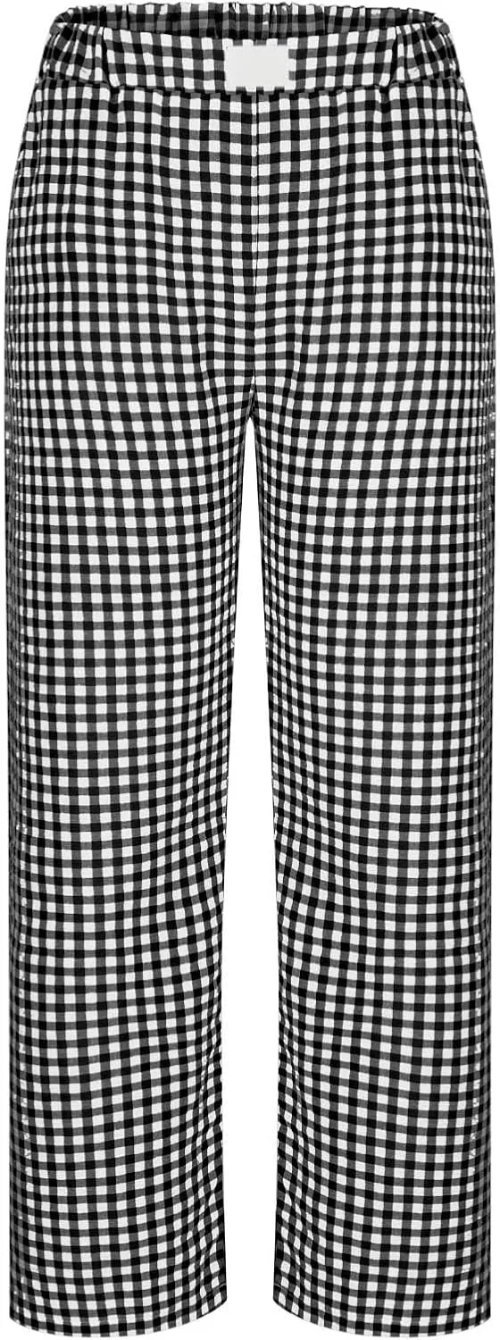 Women's Striped Gingham Boxer Pant Wide Leg Elastic Waist Pajama Lounge Pj Plaid TrousersY2K Beach Bottoms with Pocket