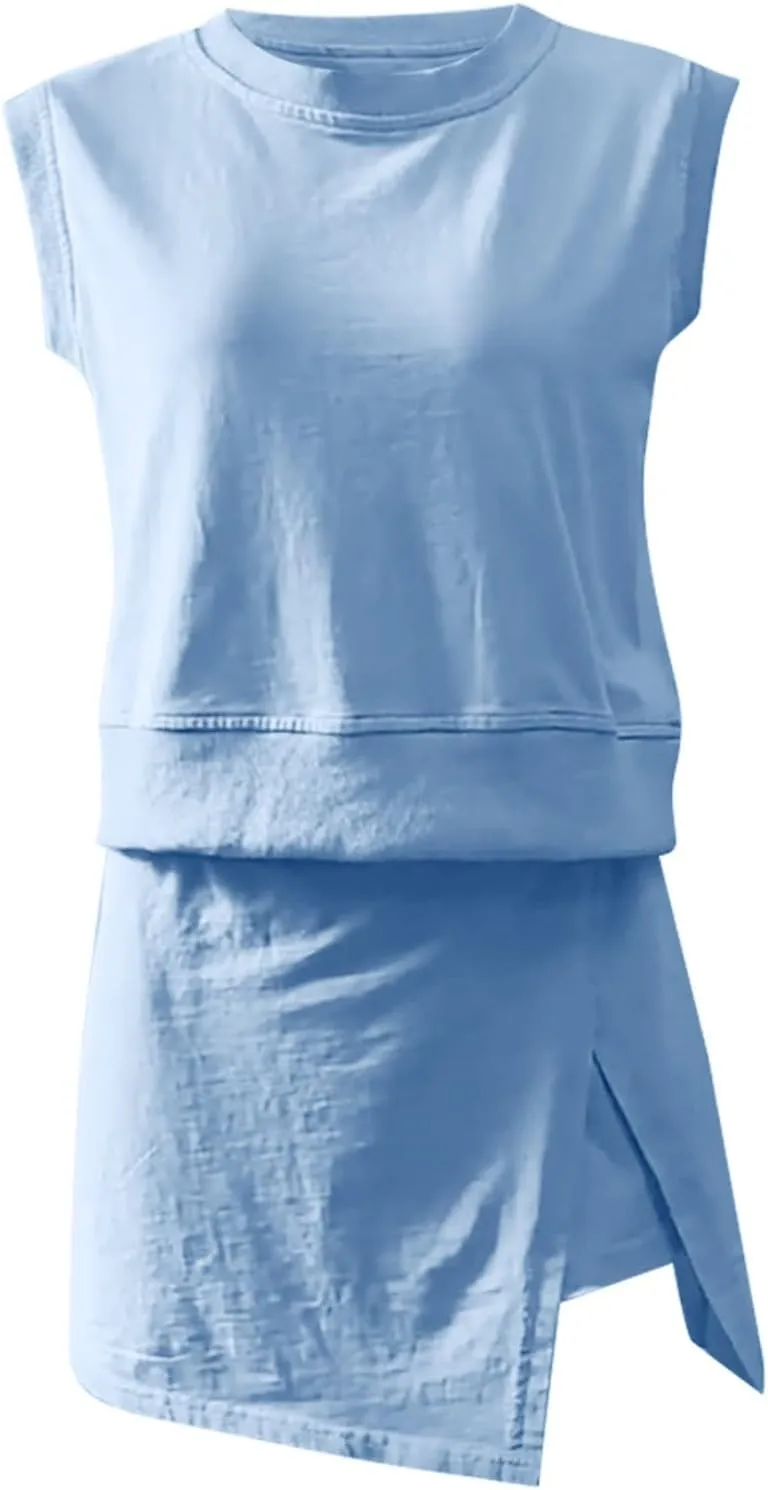 Womens Summer 2 Pieces Crew Neck Sleeveless Cotton Tank Top Side Split Skorts Shorts Athletic Skirt Sets Travel Outfits