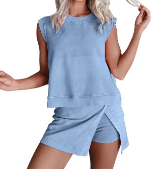 Womens Summer 2 Pieces Crew Neck Sleeveless Cotton Tank Top Side Split Skorts Shorts Athletic Skirt Sets Travel Outfits