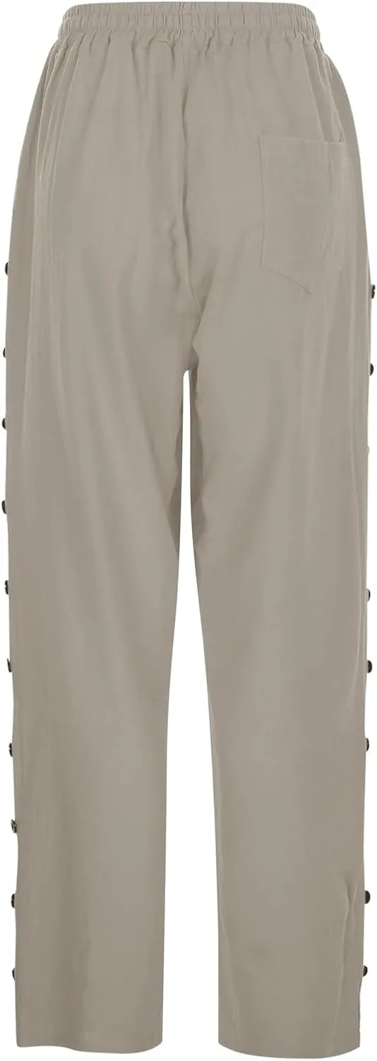 Women's Summer Casual Linen Pants Elastic Waist Relaxed Fit Straight Leg Cropped Pants Beach Trousers with Pockets