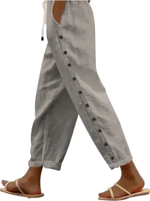 Women's Summer Casual Linen Pants Elastic Waist Relaxed Fit Straight Leg Cropped Pants Beach Trousers with Pockets