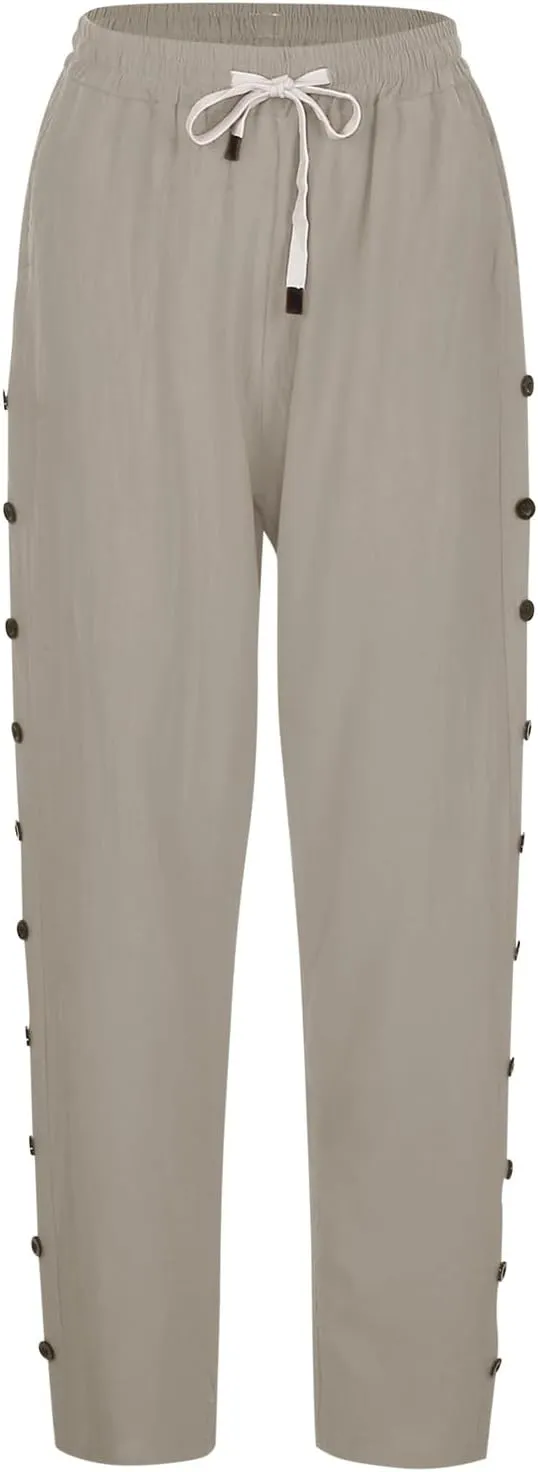 Women's Summer Casual Linen Pants Elastic Waist Relaxed Fit Straight Leg Cropped Pants Beach Trousers with Pockets