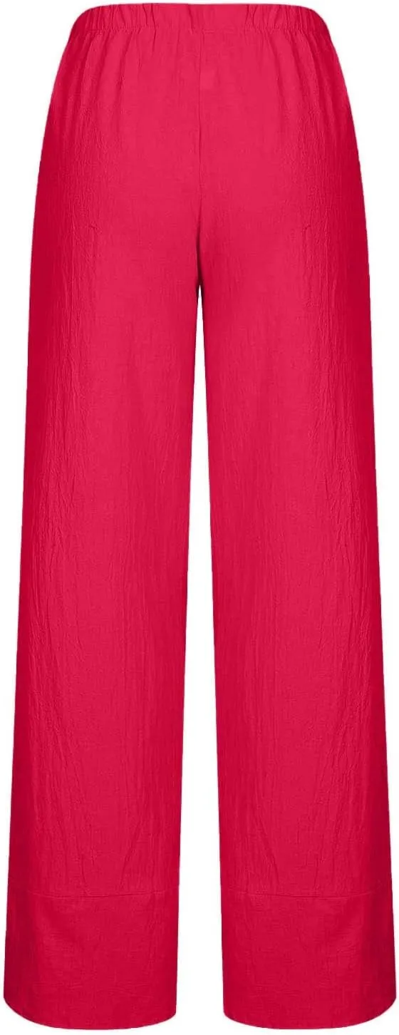 Womens Summer Cotton Linen Pants Trendy 2024 Elastic High Waist Casual Beach Pants Loose Cropped Lounge Trousers