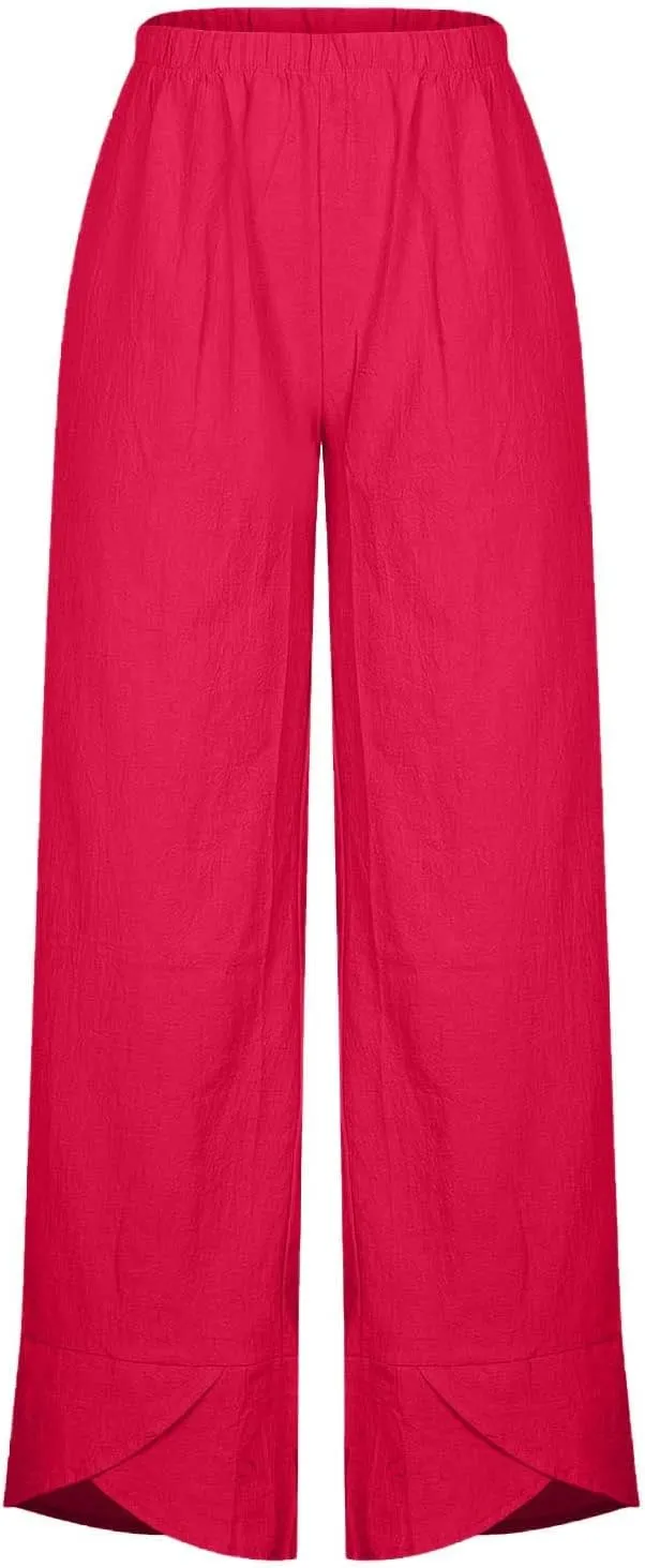 Womens Summer Cotton Linen Pants Trendy 2024 Elastic High Waist Casual Beach Pants Loose Cropped Lounge Trousers