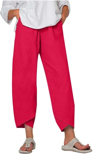 Womens Summer Cotton Linen Pants Trendy 2024 Elastic High Waist Casual Beach Pants Loose Cropped Lounge Trousers
