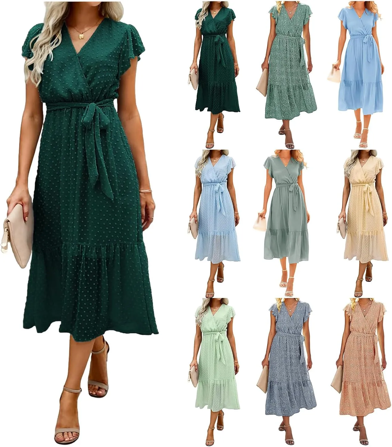 Women's Summer Floral Boho Dress Casual Wrap V Neck Ruffle Cap Sleeve Dress A-Line Flowy Belted Dresses Beach Dresses