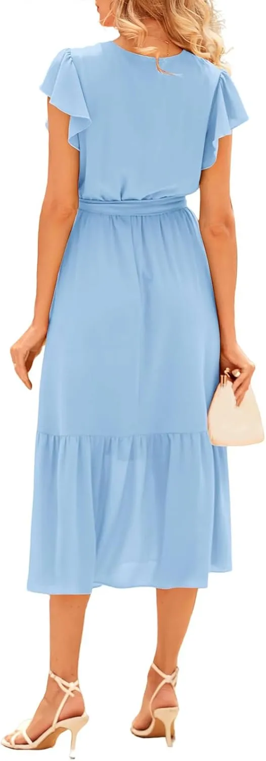 Women's Summer Floral Boho Dress Casual Wrap V Neck Ruffle Cap Sleeve Dress A-Line Flowy Belted Dresses Beach Dresses