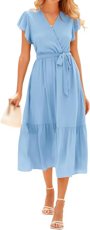 Women's Summer Floral Boho Dress Casual Wrap V Neck Ruffle Cap Sleeve Dress A-Line Flowy Belted Dresses Beach Dresses