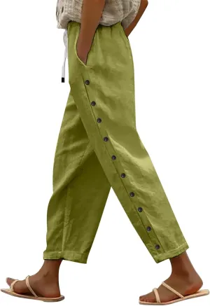 Womens Summer Mix Linen Capri Pants Cropped Trousers Petite Summer Beachwear Linen Capri Pants for Women Cotton