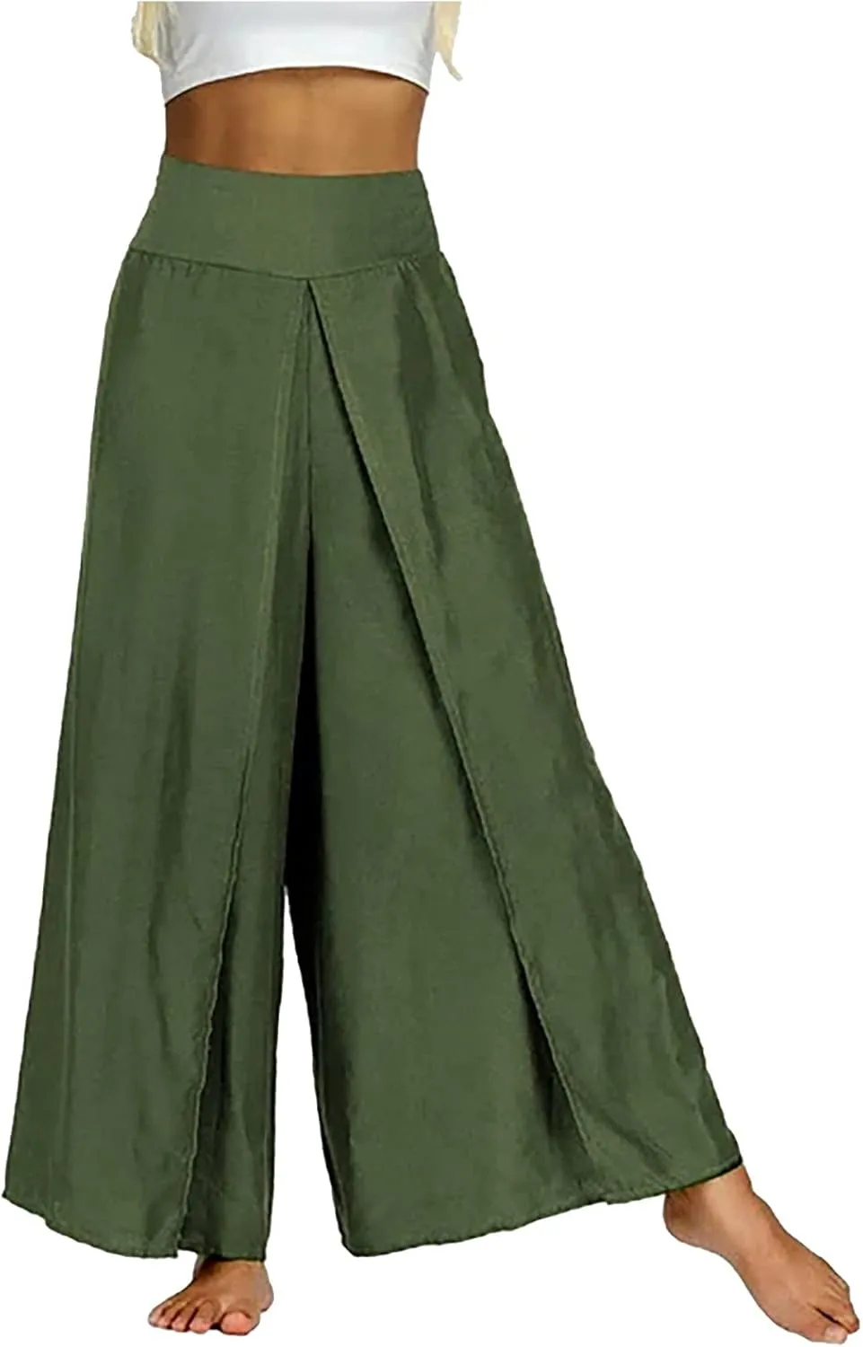 Womens Summer Pants Sexy High Slit Lightweight Flowy Beach Trousers Cotton Linen Tummy Control Dancing Palazzo