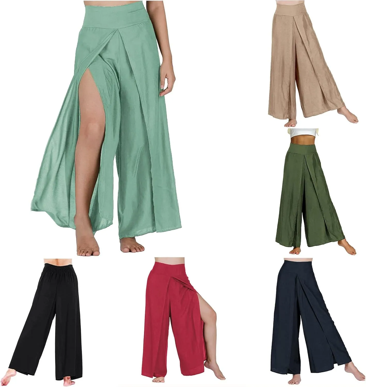 Womens Summer Pants Sexy High Slit Lightweight Flowy Beach Trousers Cotton Linen Tummy Control Dancing Palazzo