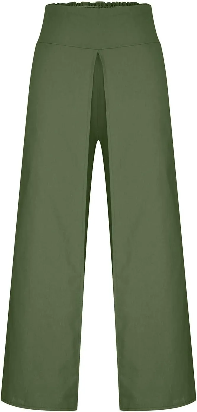 Womens Summer Pants Sexy High Slit Lightweight Flowy Beach Trousers Cotton Linen Tummy Control Dancing Palazzo