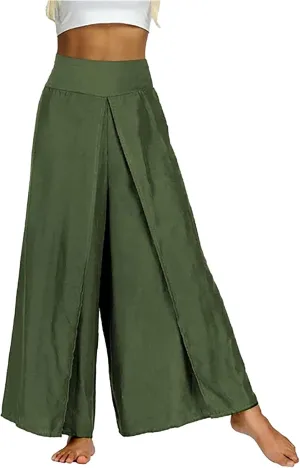 Womens Summer Pants Sexy High Slit Lightweight Flowy Beach Trousers Cotton Linen Tummy Control Dancing Palazzo