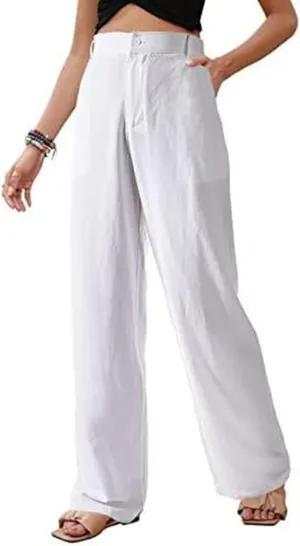 Womens Summer Pants Trendy Cotton Linen Dressy Pants Casual Straight Leg Beach Trousers Lounge Palazzo with Pocket