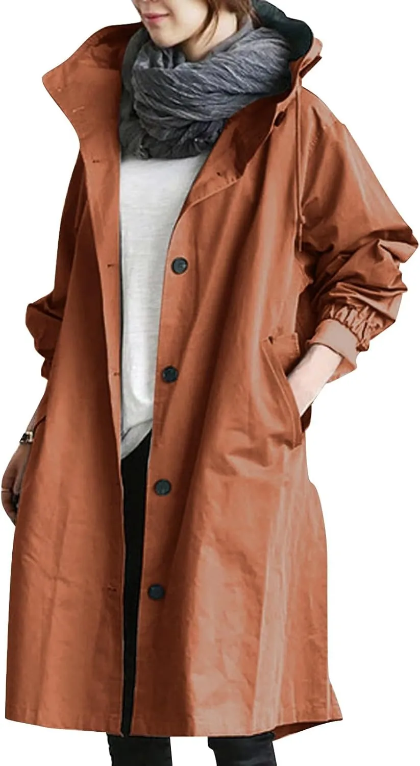 Womens Trench Coat Hooded Coat Outwear Womens Elegant Windbreaker Wild Winter Women'S Coat Waterproow Overcoat with