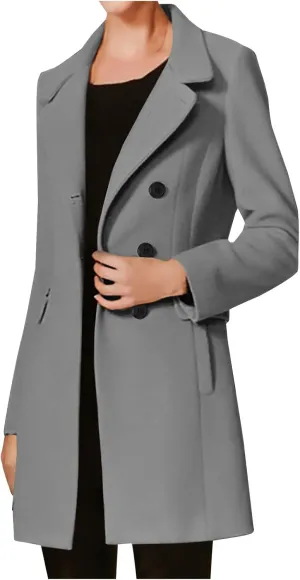 Womens Trench Coats 2024 Notch Lapel Mid-Long Open Front Pea Coat Wool Blend Warm Winter Jackets With Pockets
