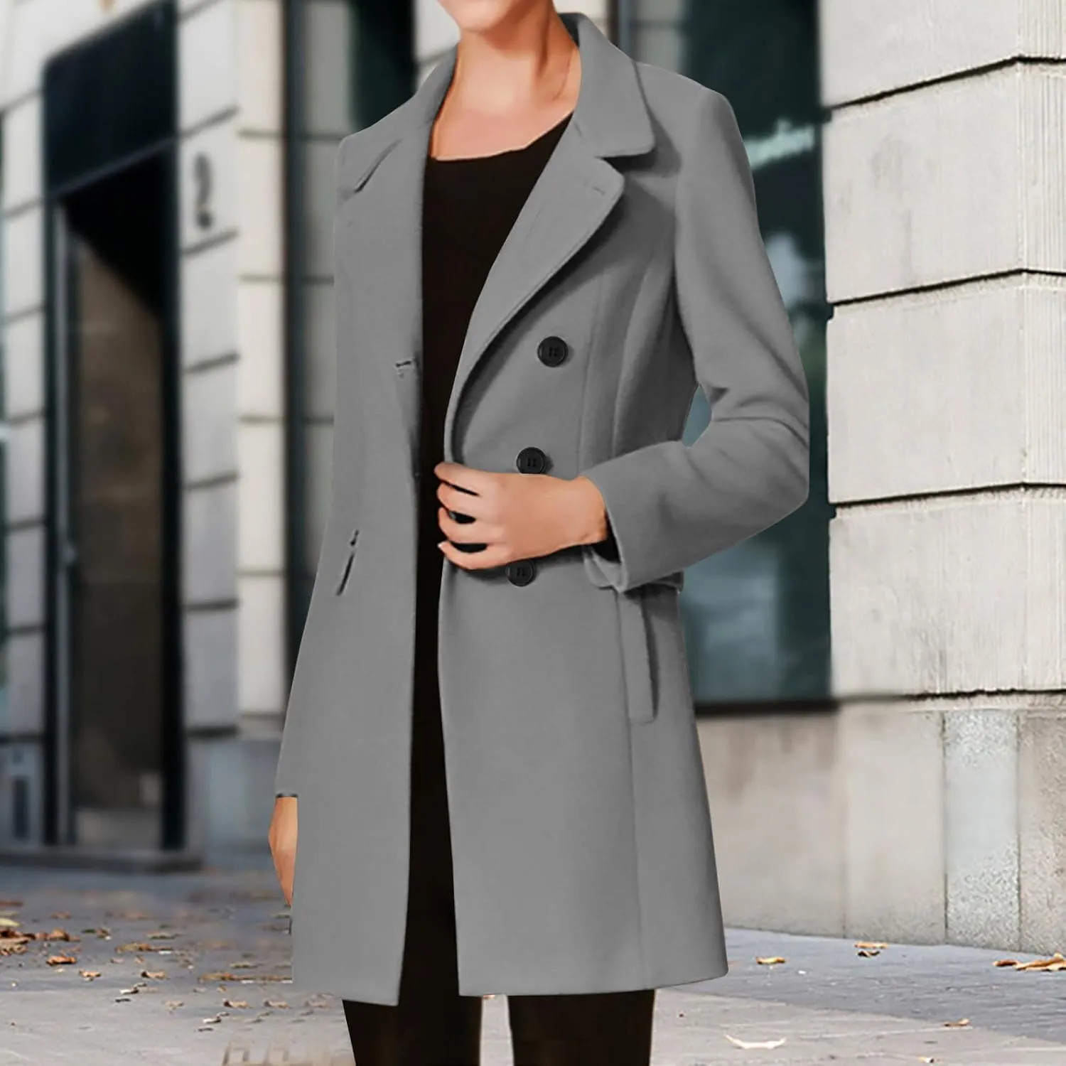 Womens Trench Coats 2024 Notch Lapel Mid-Long Open Front Pea Coat Wool Blend Warm Winter Jackets With Pockets
