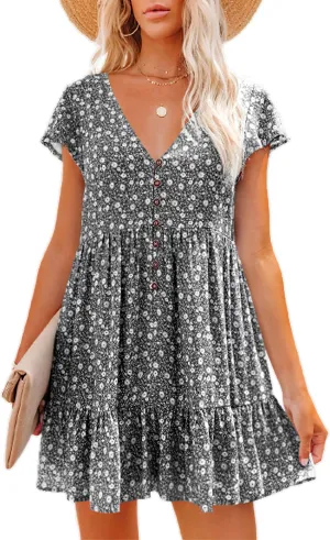 Womens V Neck Boho Dress Summer Button Front Ditsy Floral Ruffle Hem Short Sleeve A Line Swing Mini Dress