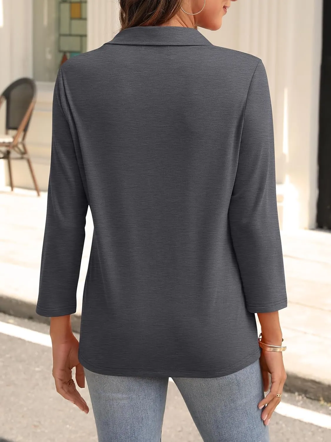 Womens V Neck Polo Shirts 3/4 Sleeve Collared Tops Business Casual Summer Tops Trendy Loose