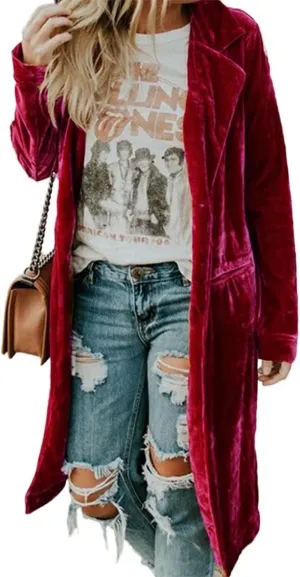 Womens Velvet Long Sleeve Pocket Casual Open Front Lapel Collar Cardigan Outwear Long Velvet Blazers Coat Casual Jackets