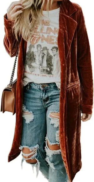 Womens Velvet Long Sleeve Pocket Casual Open Front Lapel Collar Cardigan Outwear Long Velvet Blazers Coat Casual Jackets