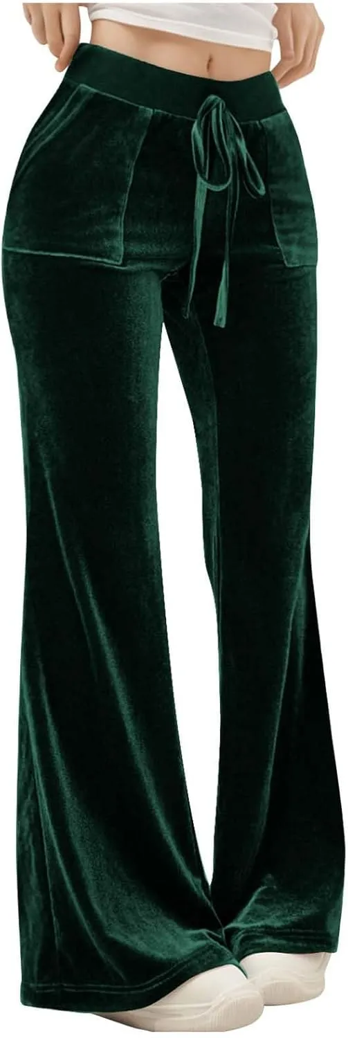 Womens Velvet Pants Low Rise Flare Pants Velour Bell Bottoms Vintage Palazzo Pants with Pockets Trendy Streetwear