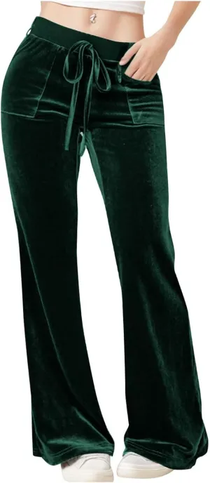 Womens Velvet Pants Low Rise Flare Pants Velour Bell Bottoms Vintage Palazzo Pants with Pockets Trendy Streetwear