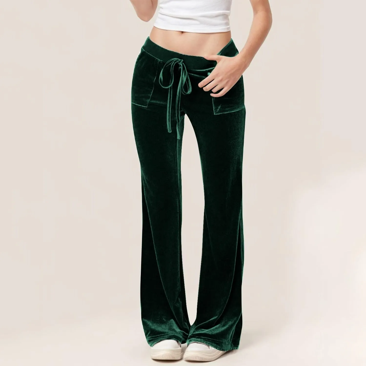 Womens Velvet Pants Low Rise Flare Pants Velour Bell Bottoms Vintage Palazzo Pants with Pockets Trendy Streetwear