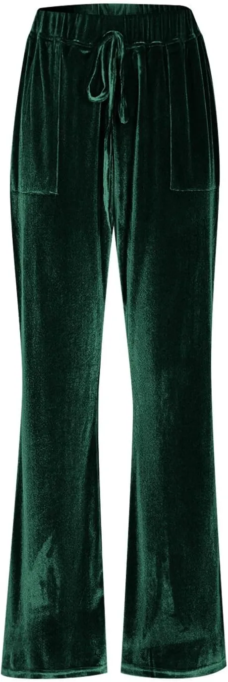 Womens Velvet Pants Low Rise Flare Pants Velour Bell Bottoms Vintage Palazzo Pants with Pockets Trendy Streetwear