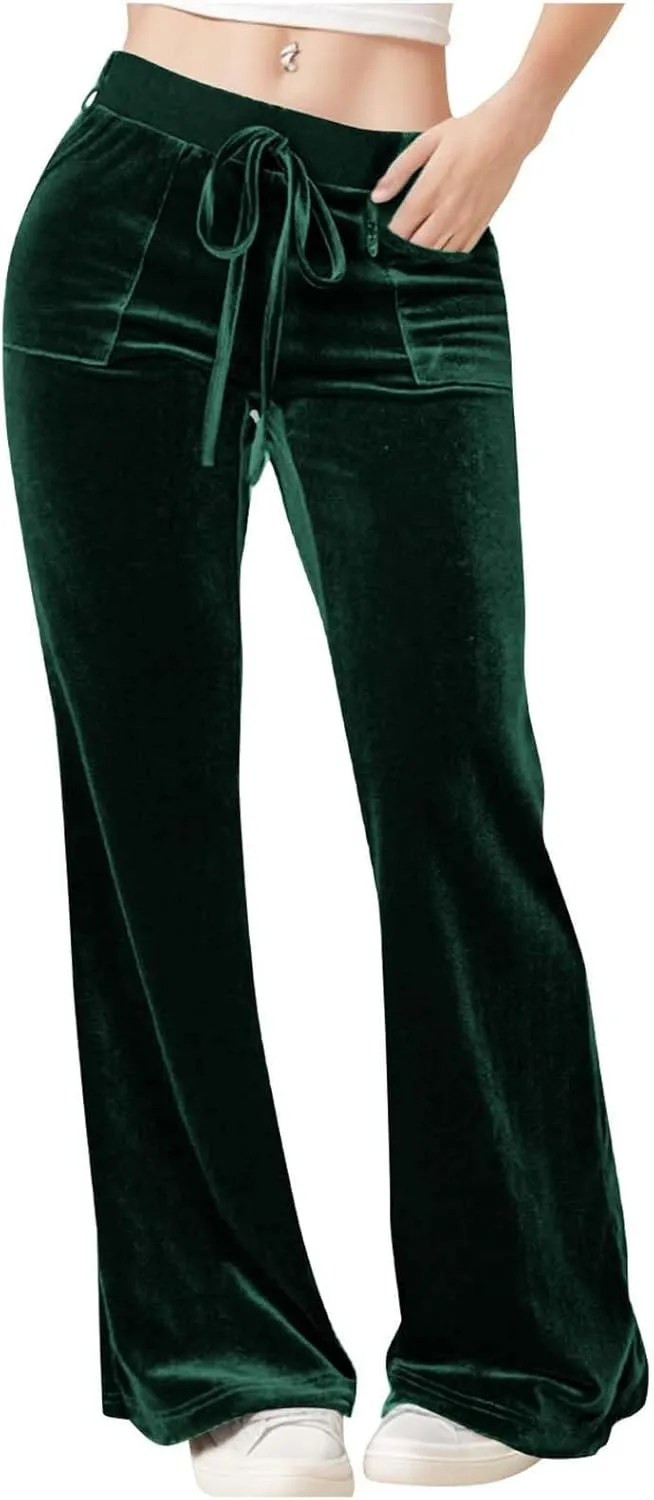 Womens Velvet Pants Low Rise Flare Pants Velour Bell Bottoms Vintage Palazzo Pants with Pockets Trendy Streetwear