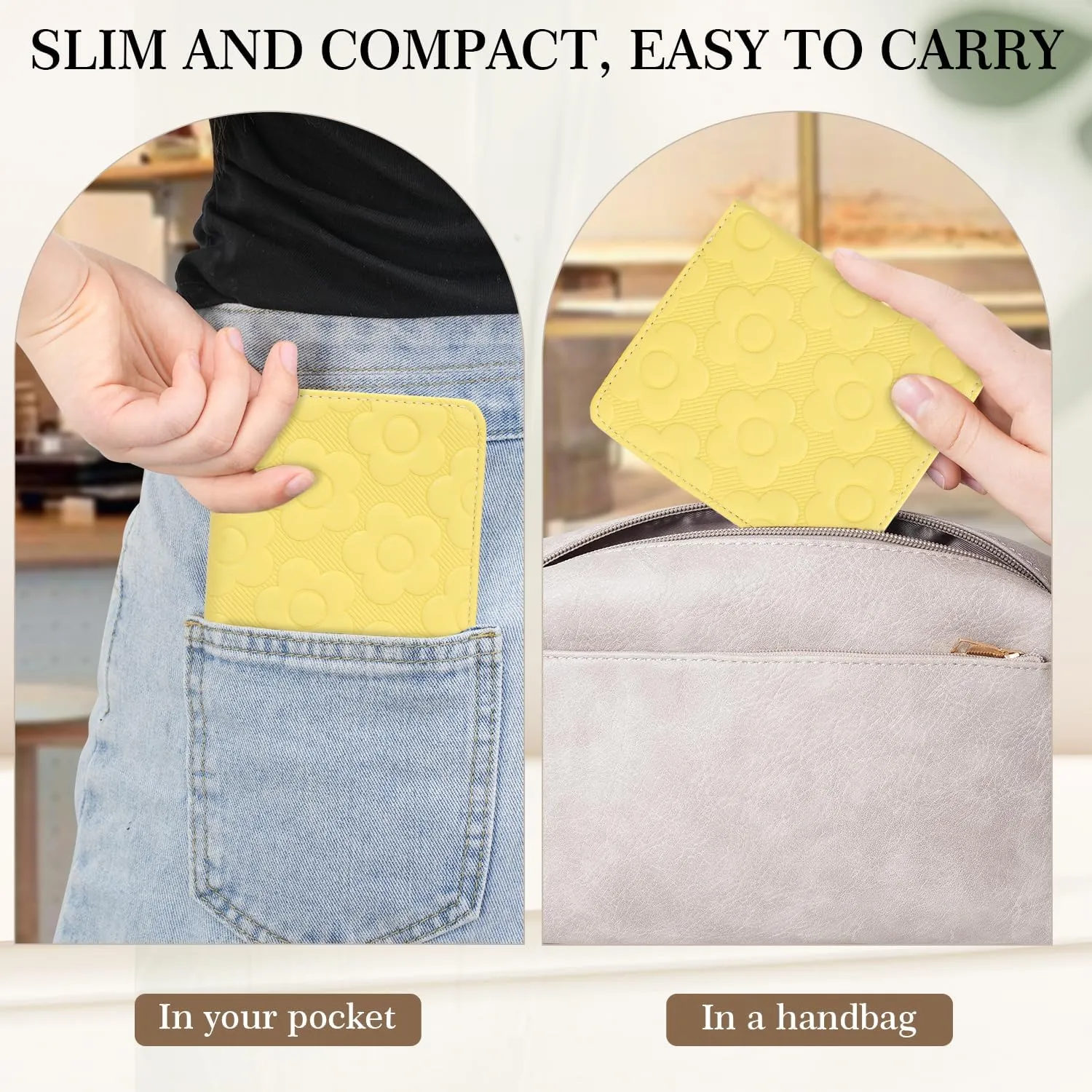 Womens Wallet,Slim Small Wallet Women RFID Bifold Compact Wallets for Women 3D Embossed Flower Leather Wallet with ID Credit Card Holder Zipper Coin Pocket Yellow