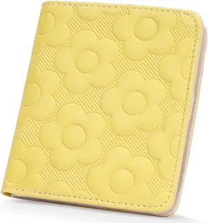Womens Wallet,Slim Small Wallet Women RFID Bifold Compact Wallets for Women 3D Embossed Flower Leather Wallet with ID Credit Card Holder Zipper Coin Pocket Yellow