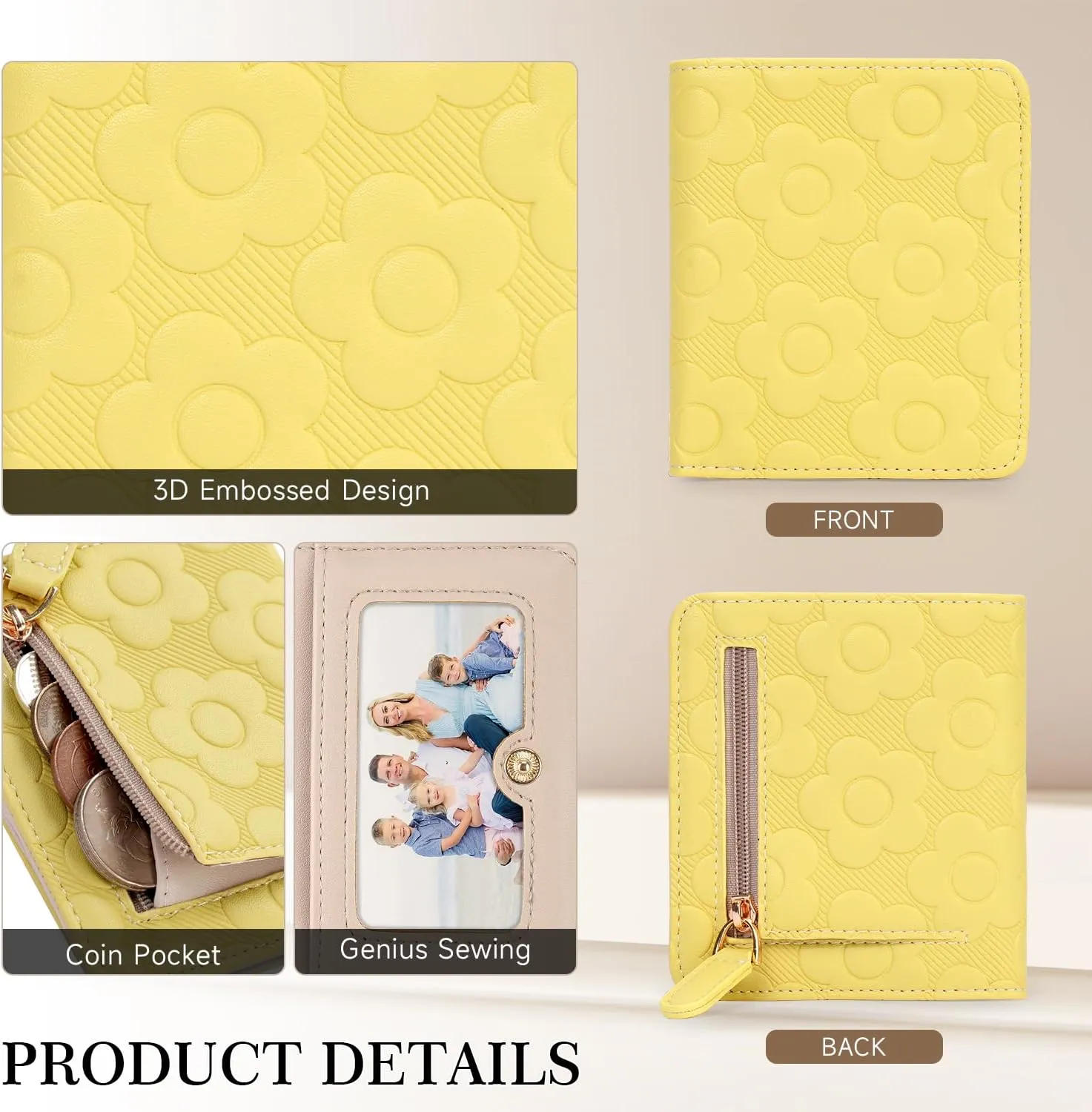 Womens Wallet,Slim Small Wallet Women RFID Bifold Compact Wallets for Women 3D Embossed Flower Leather Wallet with ID Credit Card Holder Zipper Coin Pocket Yellow