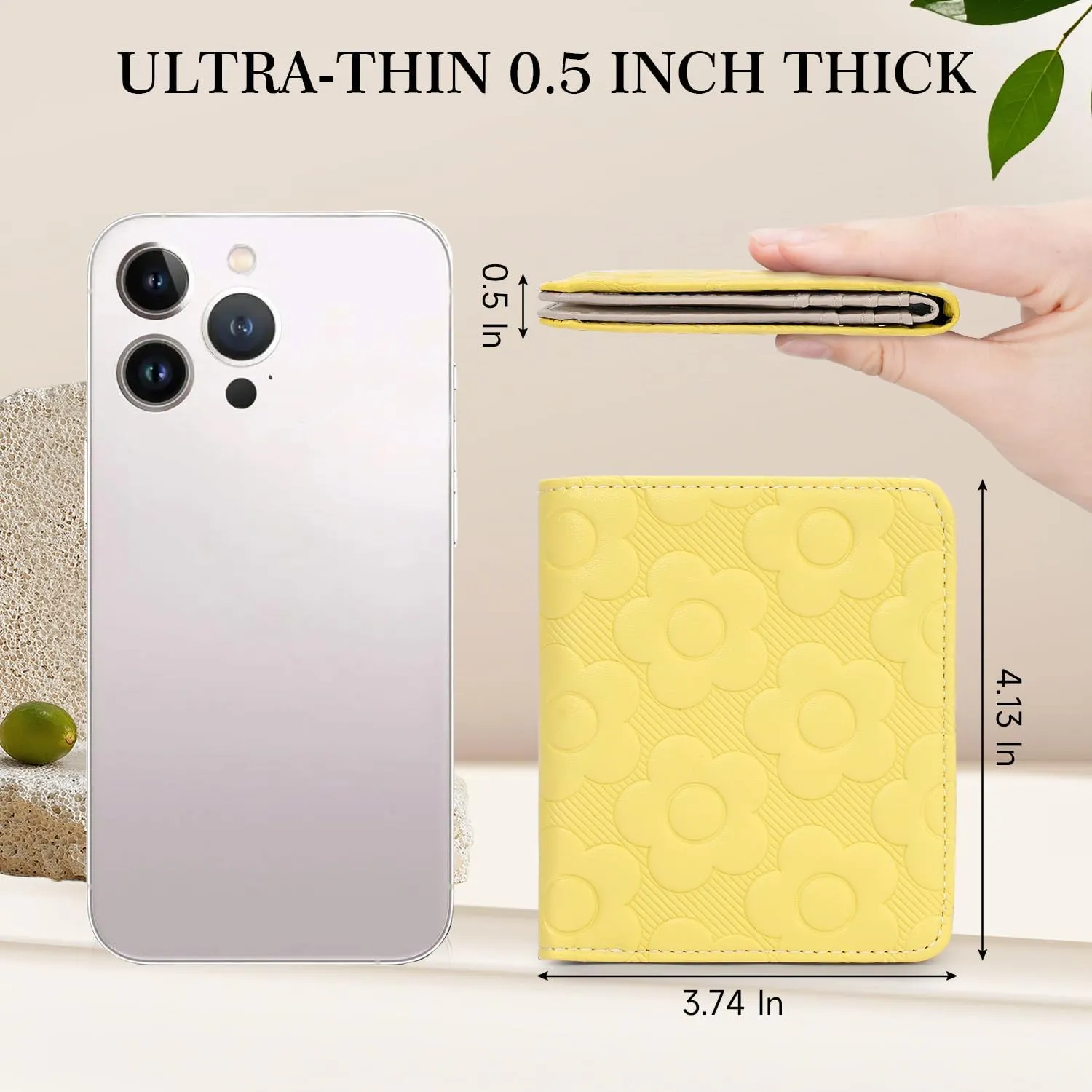 Womens Wallet,Slim Small Wallet Women RFID Bifold Compact Wallets for Women 3D Embossed Flower Leather Wallet with ID Credit Card Holder Zipper Coin Pocket Yellow