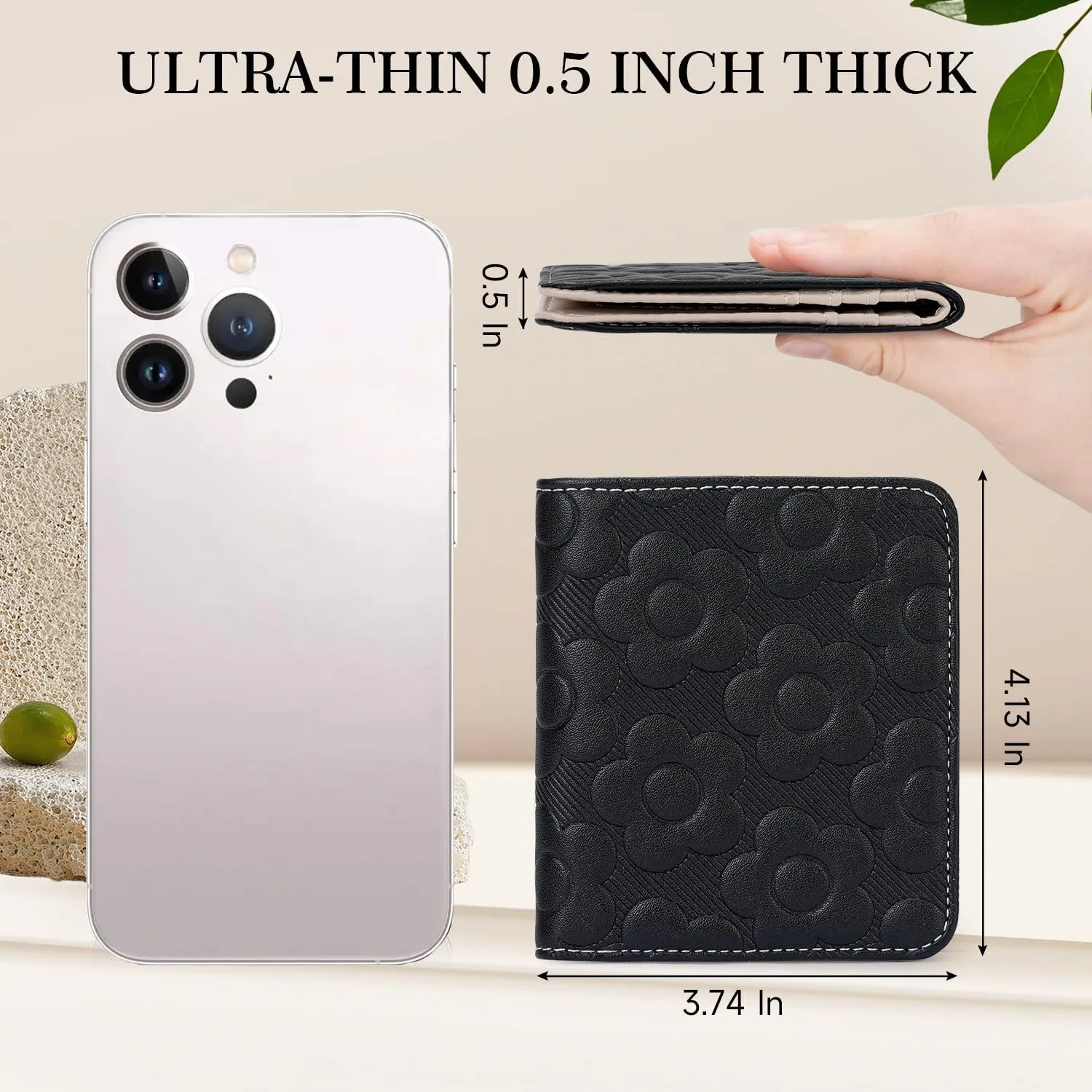Womens Wallet,Slim Small Wallet Women RFID Bifold Compact Wallets for Women 3D Embossed Leather Wallet with ID Credit Card Holder Zipper Coin Pocket Black