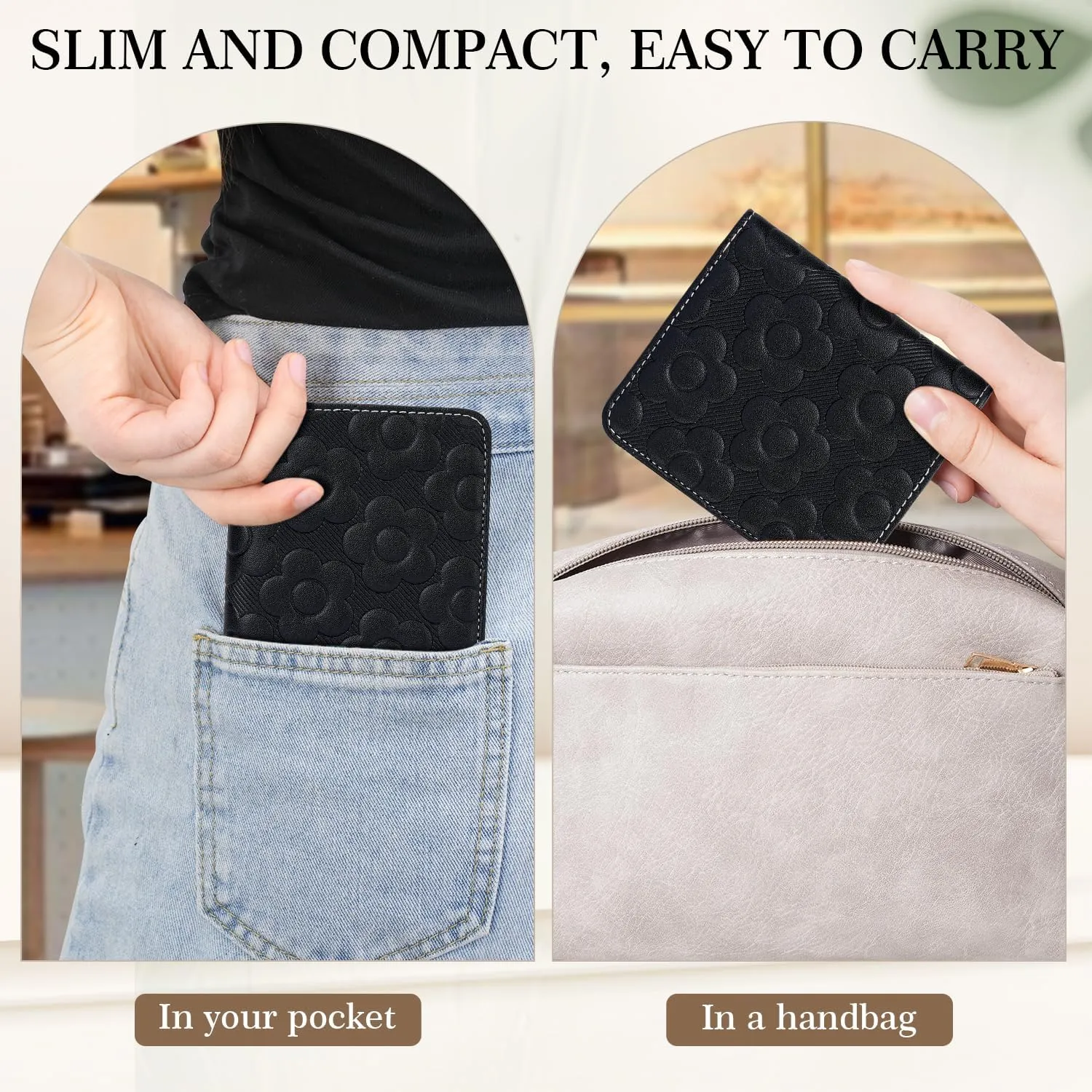 Womens Wallet,Slim Small Wallet Women RFID Bifold Compact Wallets for Women 3D Embossed Leather Wallet with ID Credit Card Holder Zipper Coin Pocket Black