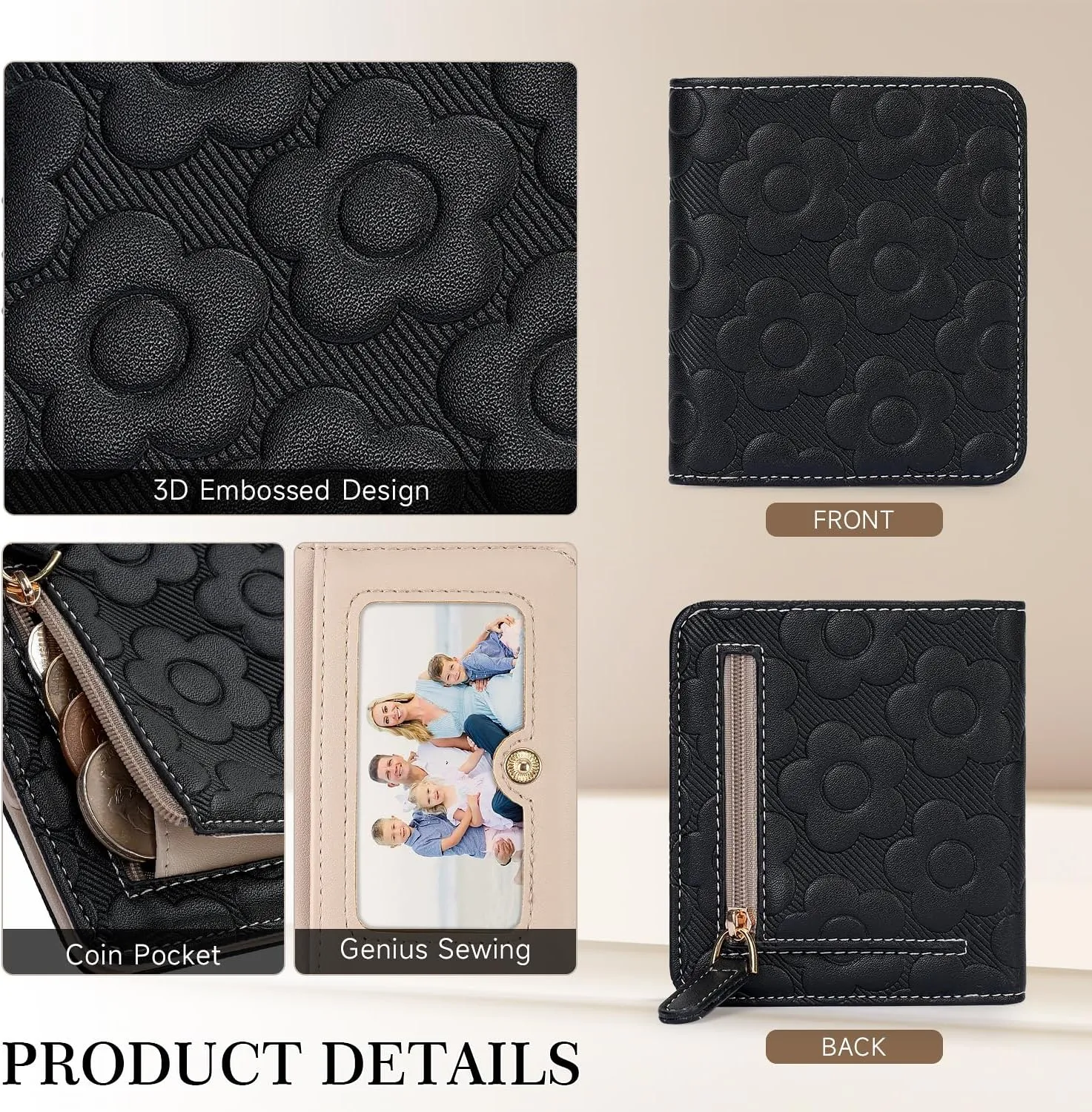 Womens Wallet,Slim Small Wallet Women RFID Bifold Compact Wallets for Women 3D Embossed Leather Wallet with ID Credit Card Holder Zipper Coin Pocket Black