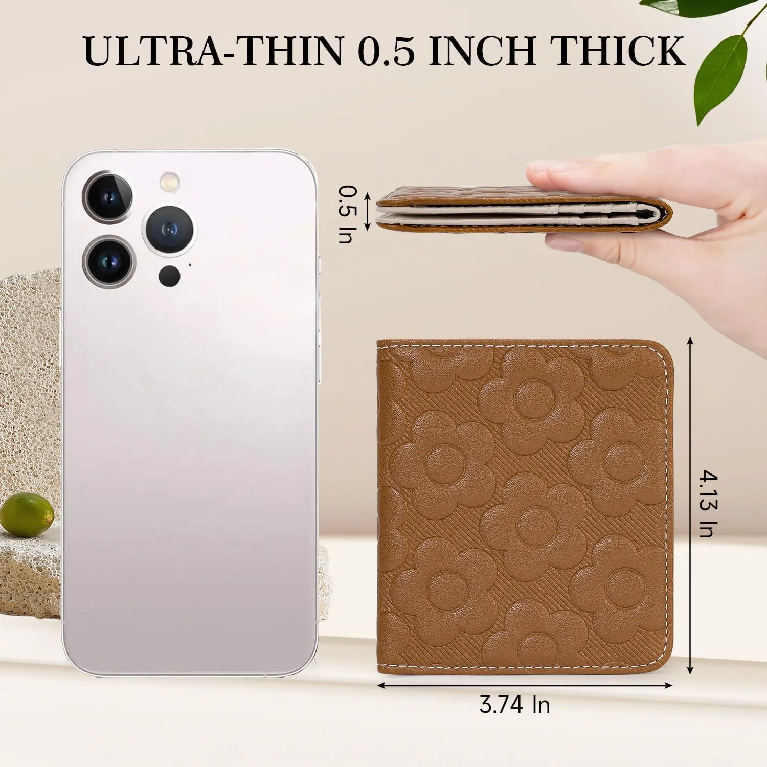 Womens Wallet,Slim Small Wallet Women RFID Bifold Compact Wallets for Women 3D Embossed Leather Wallet with ID Credit Card Holder Zipper Coin Pocket Brown