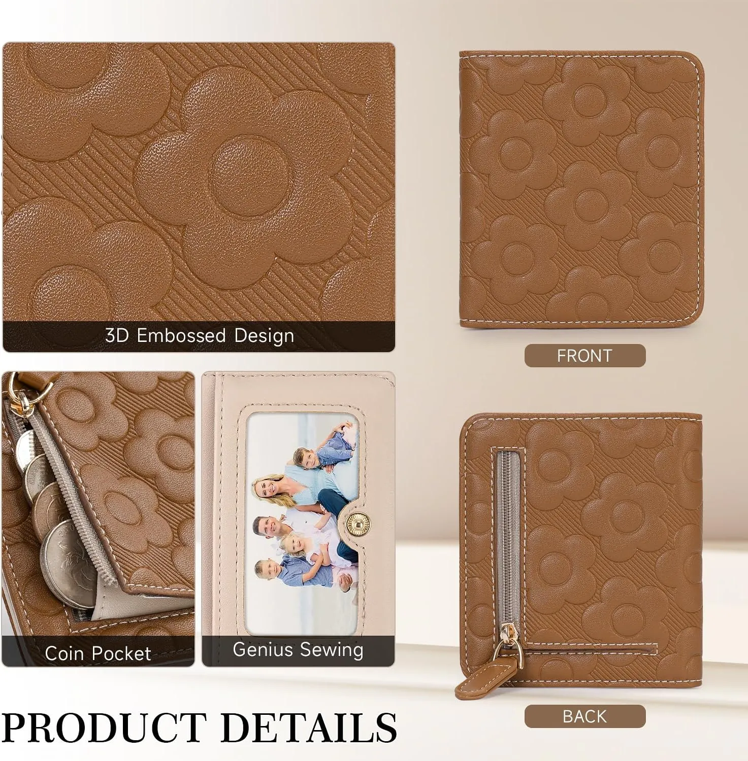 Womens Wallet,Slim Small Wallet Women RFID Bifold Compact Wallets for Women 3D Embossed Leather Wallet with ID Credit Card Holder Zipper Coin Pocket Brown