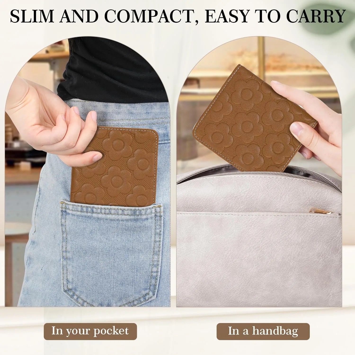 Womens Wallet,Slim Small Wallet Women RFID Bifold Compact Wallets for Women 3D Embossed Leather Wallet with ID Credit Card Holder Zipper Coin Pocket Brown