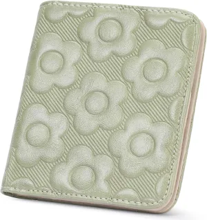 Womens Wallet,Slim Small Wallet Women RFID Bifold Compact Wallets for Women 3D Embossed Leather Wallet with ID Credit Card Holder Zipper Coin Pocket Green
