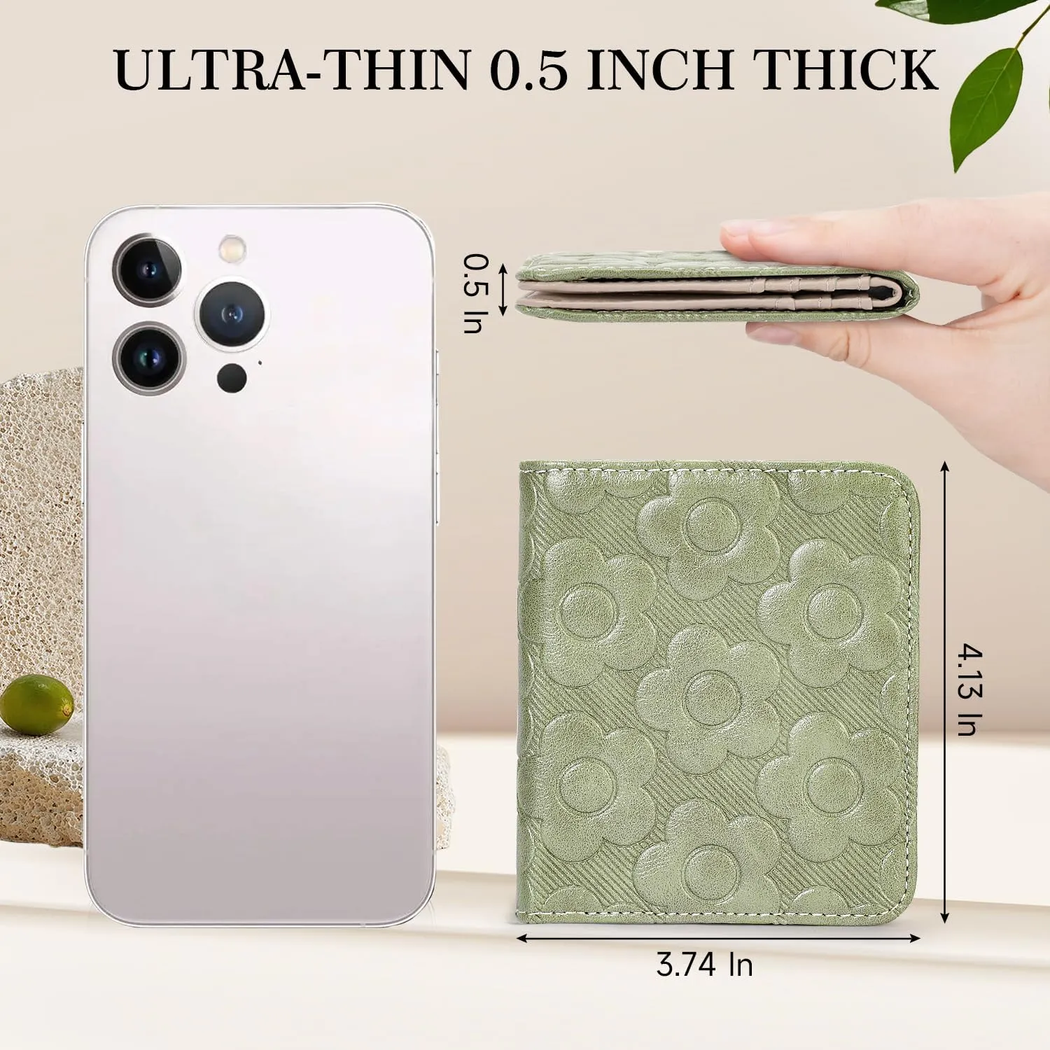 Womens Wallet,Slim Small Wallet Women RFID Bifold Compact Wallets for Women 3D Embossed Leather Wallet with ID Credit Card Holder Zipper Coin Pocket Green