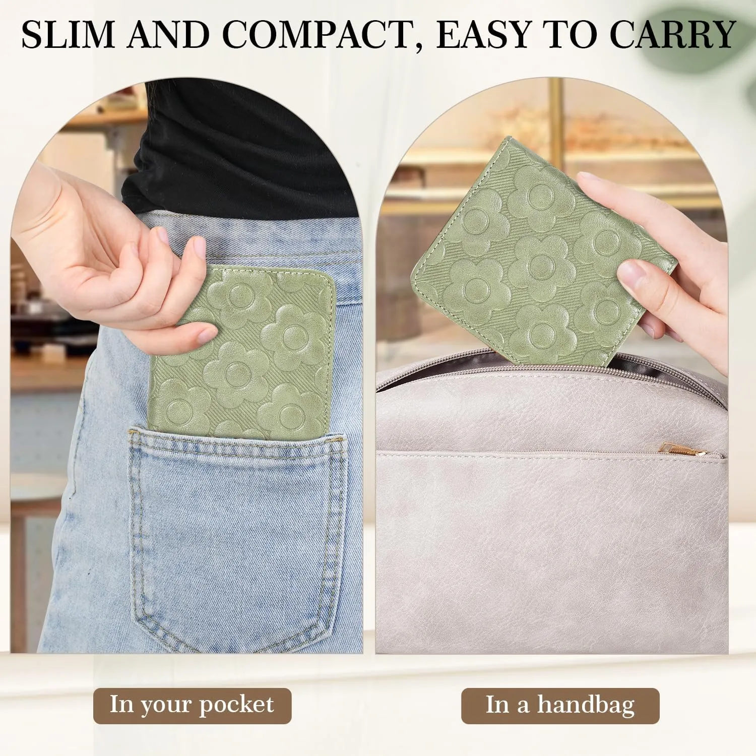 Womens Wallet,Slim Small Wallet Women RFID Bifold Compact Wallets for Women 3D Embossed Leather Wallet with ID Credit Card Holder Zipper Coin Pocket Green