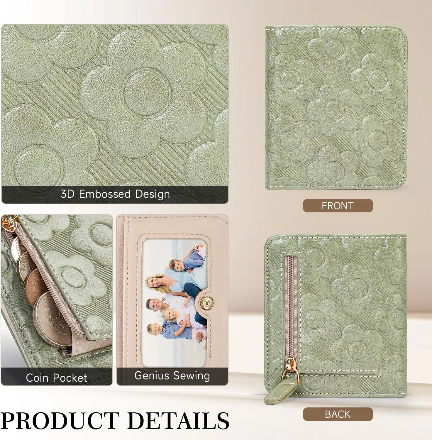 Womens Wallet,Slim Small Wallet Women RFID Bifold Compact Wallets for Women 3D Embossed Leather Wallet with ID Credit Card Holder Zipper Coin Pocket Green
