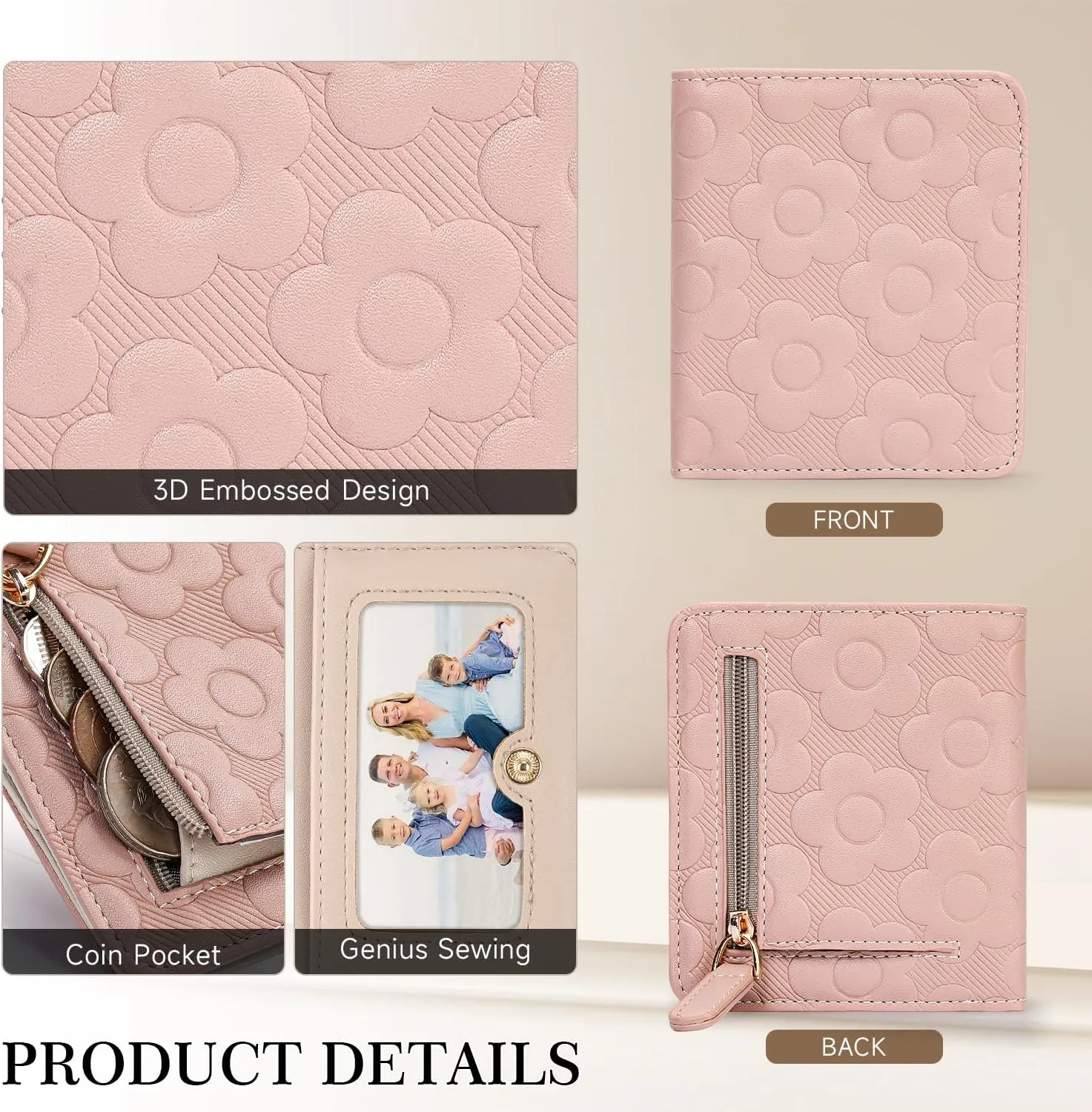 Womens Wallet,Slim Small Wallet Women RFID Bifold Compact Wallets for Women 3D Embossed Leather Wallet with ID Credit Card Holder Zipper Coin Pocket Pink