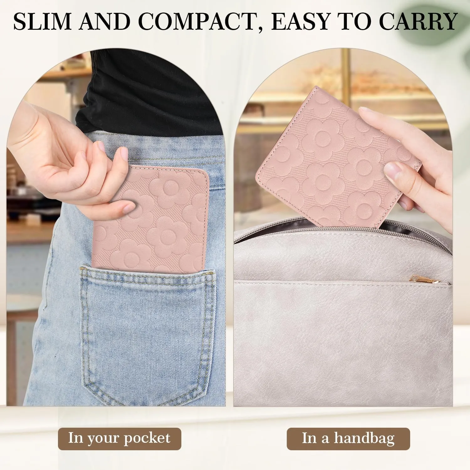 Womens Wallet,Slim Small Wallet Women RFID Bifold Compact Wallets for Women 3D Embossed Leather Wallet with ID Credit Card Holder Zipper Coin Pocket Pink