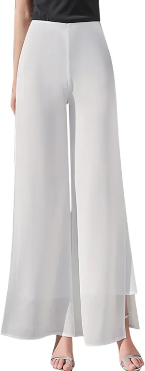 Women's Wide Leg Chiffon Dress Pants High Waist Straight Leg Pants Flared Palazzo Flowy Layered Boho Long Trousers