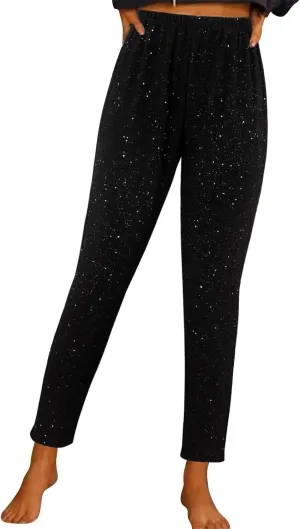 Women's Wide Leg Pants Women's High Waisted Sequin Loose Drape Wide Leg Pants Fashion Casual Bling Glitter Trousers